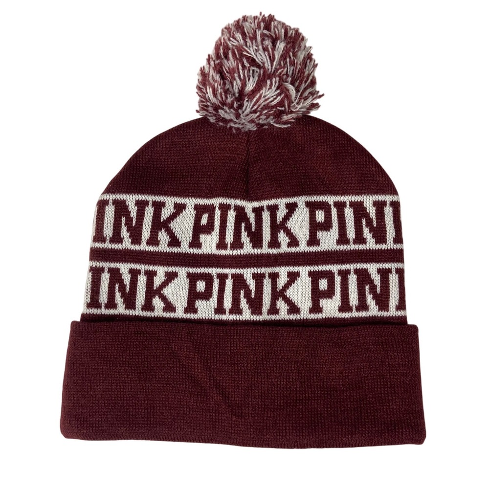 Victoria's Secret PINK Burgundy‎ Knit Pom Beanie Hat Winter One Size
